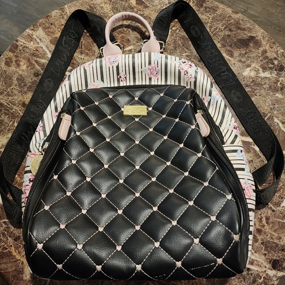 Luv Betsey Handbags - Black And Pink Quilted Backpack Floral And Hearts